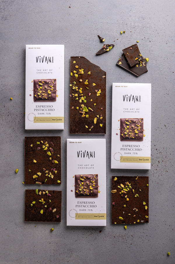 Vivani Čokoláda hořká Espresso a pistácie 75% BIO (80 g)