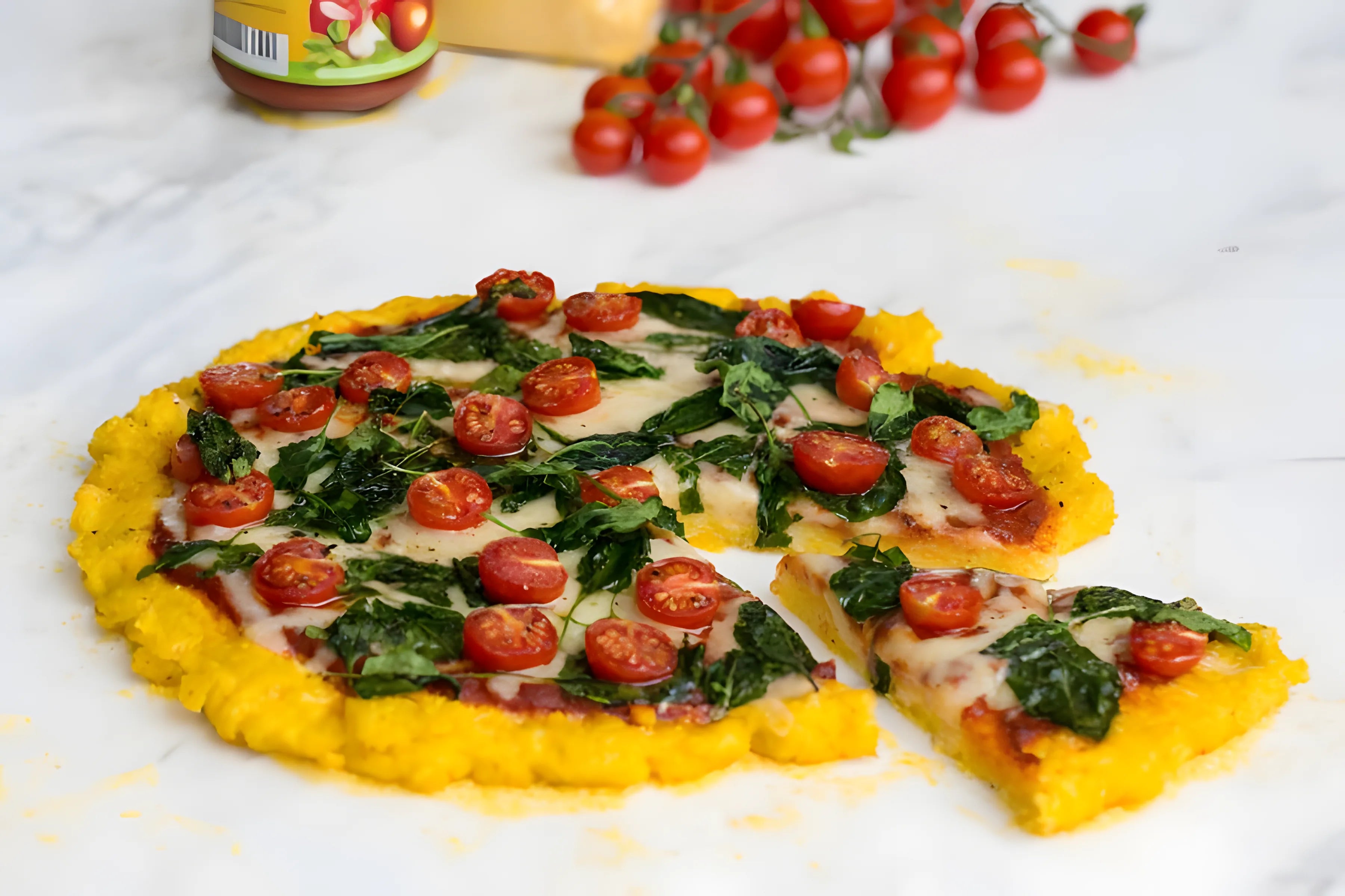 Polentová pizza se špenátem a rajčaty cherry