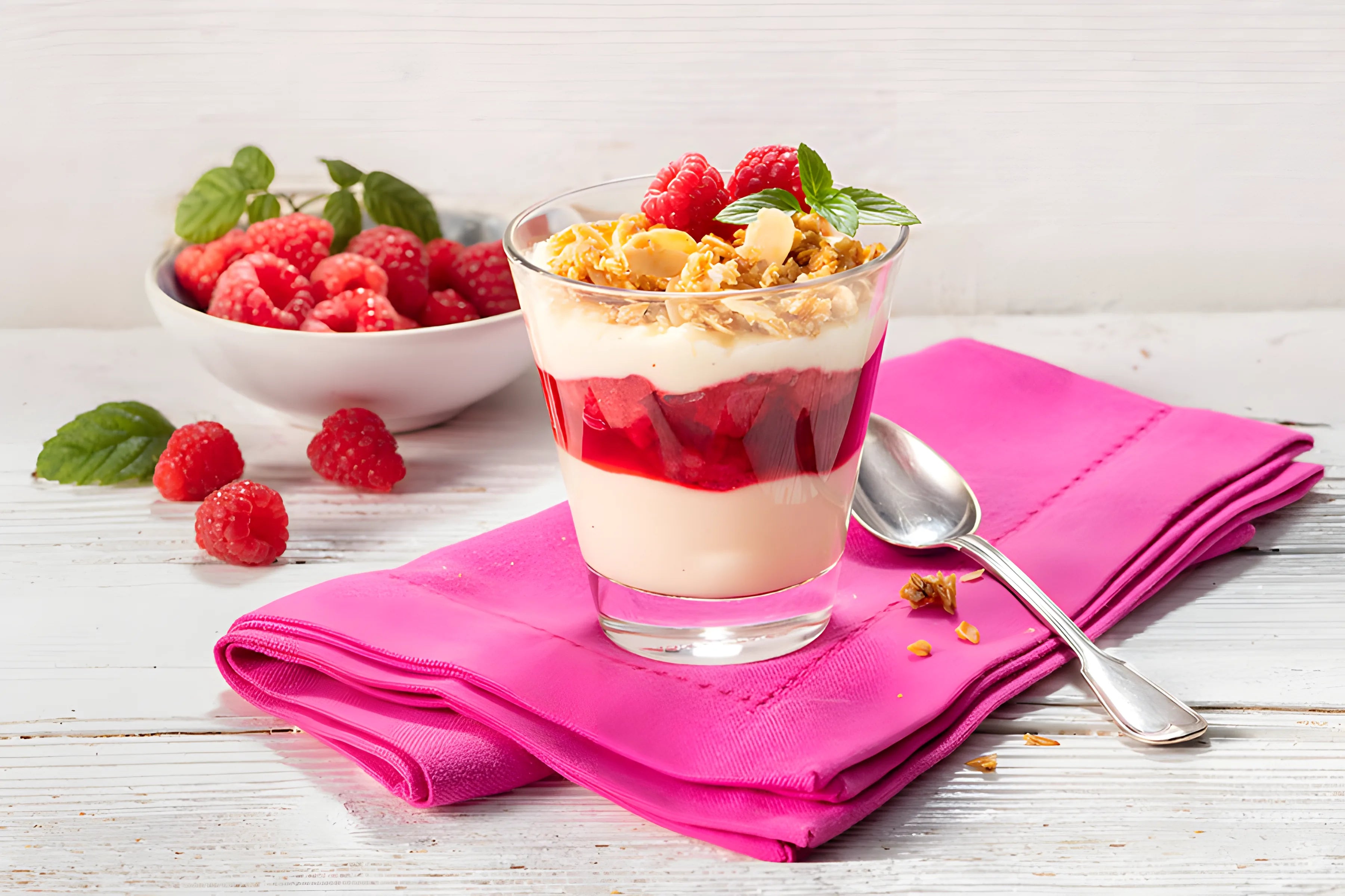 Vanilkový pudink s malinami a mandlovo-kokosovým müsli